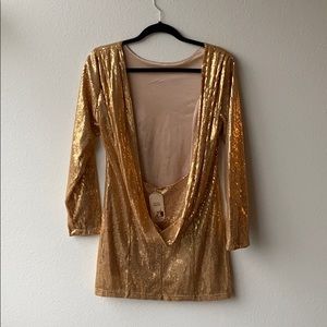 Gold sequin backless mini dress with cape